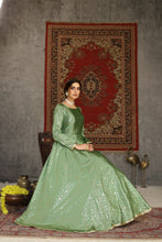 Load image into Gallery viewer, Foil Print Taffeta Silk Pistachio Green Eid Anarkali Suit ClothsVilla