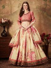 Load image into Gallery viewer, Delightful Off-White Floral Print Organza Silk Wedding Lehenga Choli With Peach Blouse ClothsVilla