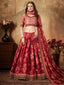 Stunning Maroon Floral Print Organza Silk Wedding Lehenga Choli With Peach Blouse ClothsVilla