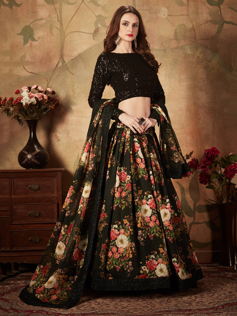 Mesmerizing Black Floral Print Organza Silk Wedding Lehenga Choli With Blouse ClothsVilla