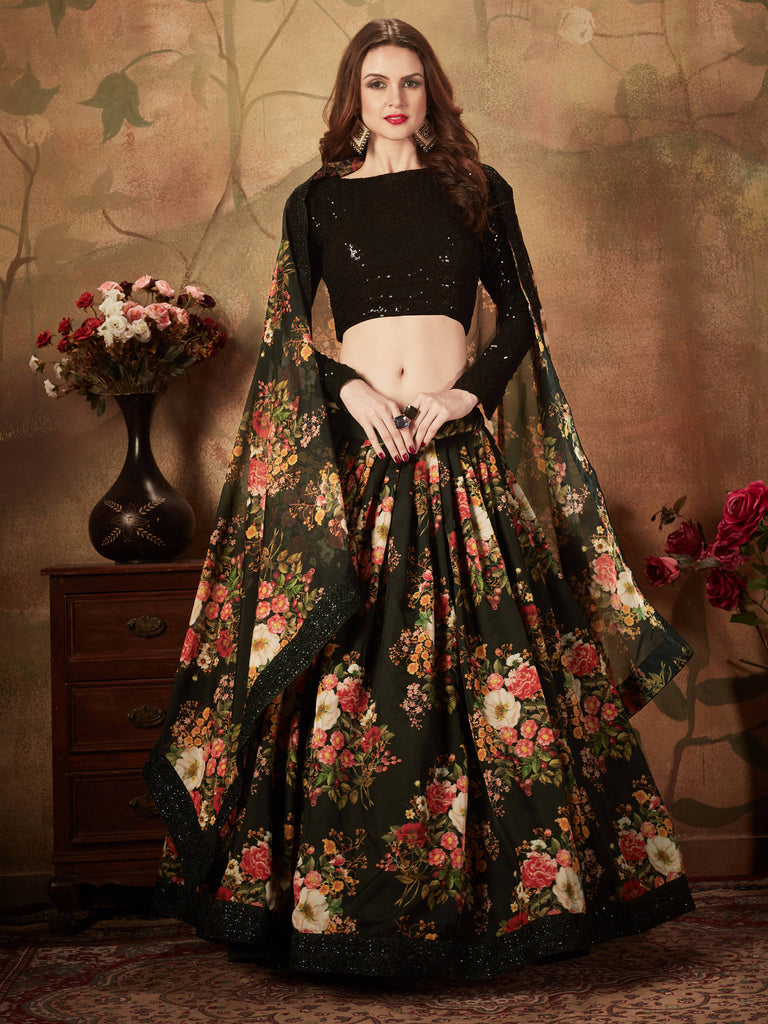 Mesmerizing Black Floral Print Organza Silk Wedding Lehenga Choli With Blouse ClothsVilla