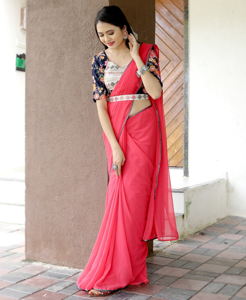 Glamourous Peach Color Saree With Stitched Blouse Clothsvilla