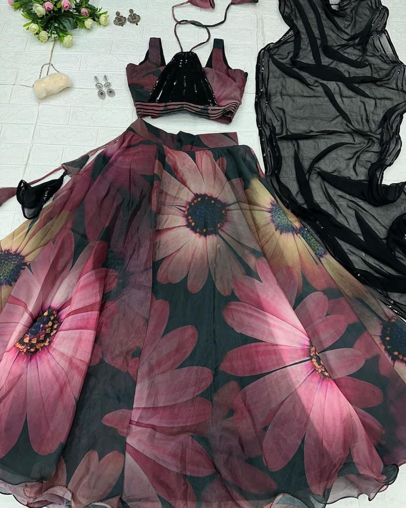 Gorgeous Black Color Digital Print Organza Lehenga Choli Clothsvilla