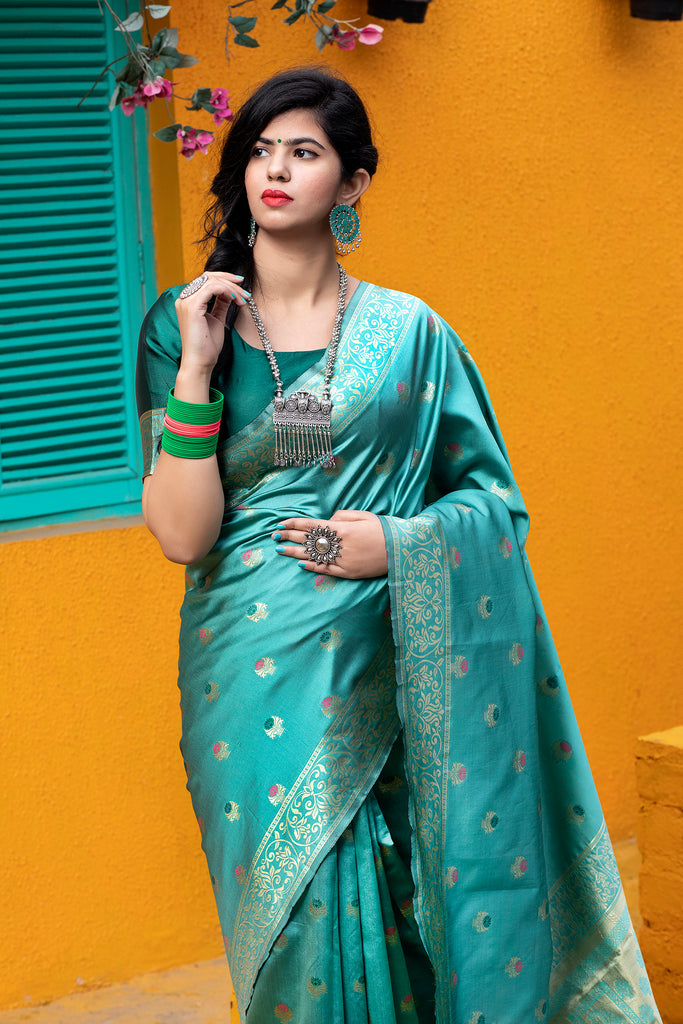 Green Golden Banarasi Silk Festival Wear Saree With Blouse ClothsVilla