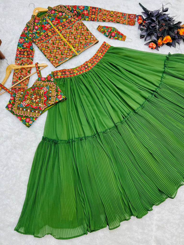 Green Lehenga Choli with Jacket in Faux Georgette With Embroidery Work ClothsVilla.com