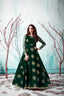 Green Metallic Foil Work Net Party Wear Long Gown ClothsVilla