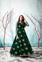 Load image into Gallery viewer, Green Metallic Foil Work Net Party Wear Long Gown ClothsVilla