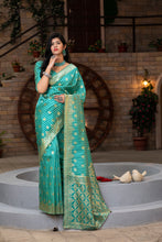 Load image into Gallery viewer, Green Striped Banarasi Silk Festival Wear Saree With Blouse ClothsVilla
