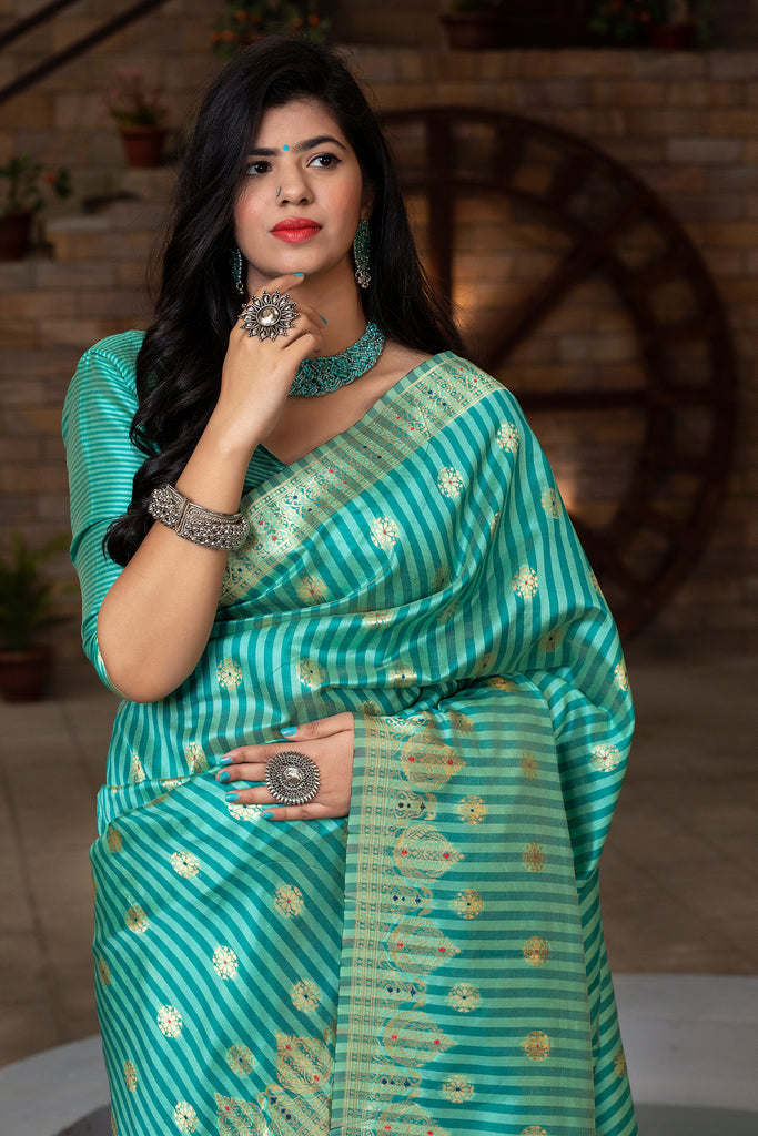 Green Striped Banarasi Silk Festival Wear Saree With Blouse ClothsVilla
