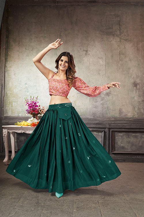 Green Art Silk Thread With Sequins Embroidered Crop-Top Skir
