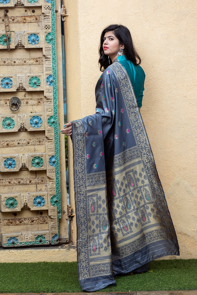 Grey-Blue Banarasi Silk Festival Wear Saree With Blouse ClothsVilla