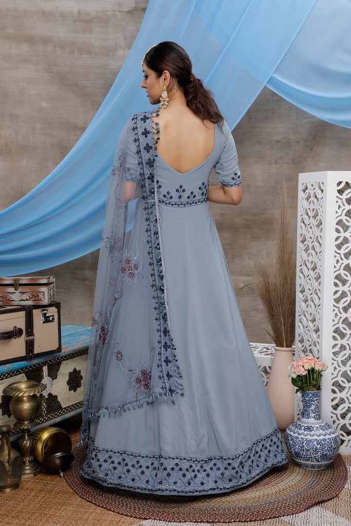 Grey Thread Embroidery Georgette Anarkali Long Gown Semi Stitched ClothsVilla