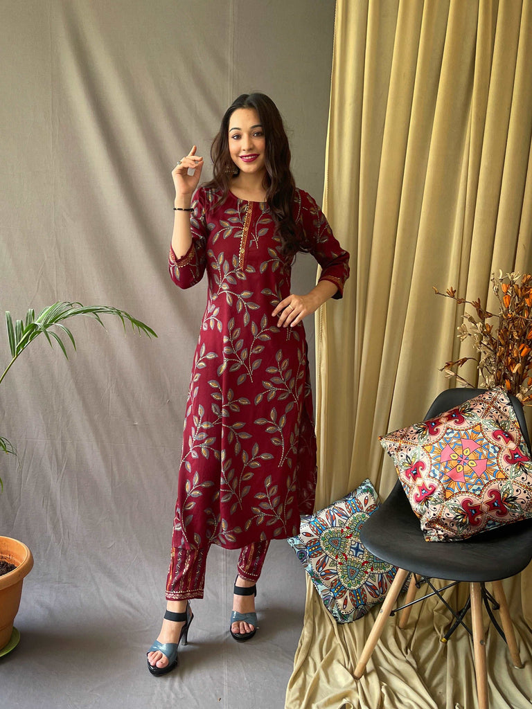 Ethnic Floral Printed Cotton Kurti with Pant Maroon Clothsvilla