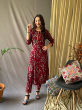 Load image into Gallery viewer, Ethnic Floral Printed Cotton Kurti with Pant Maroon Clothsvilla