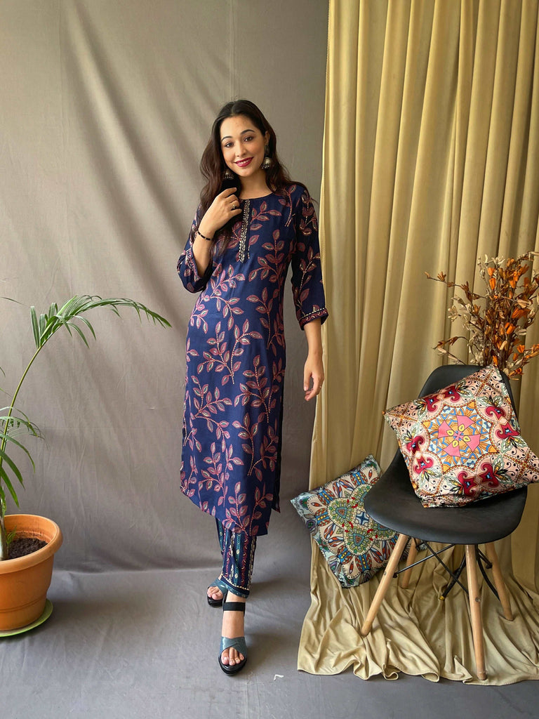 Ethnic Floral Printed Cotton Kurti with Pant Blue Clothsvilla
