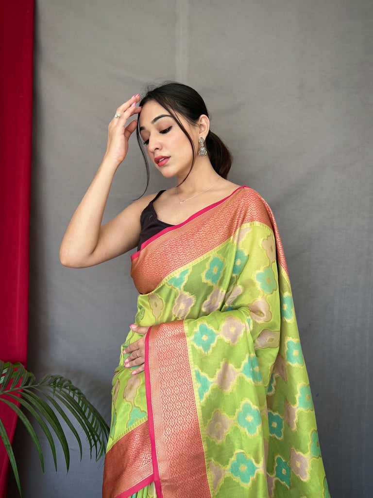 Rangkart Vol. 1 Organza Contrast Woven Saree Green Clothsvilla