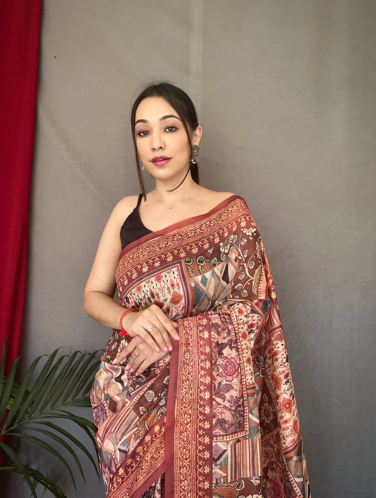 Brown Ajrakh Carpet Silk Cotton Printed Saree Clothsvilla