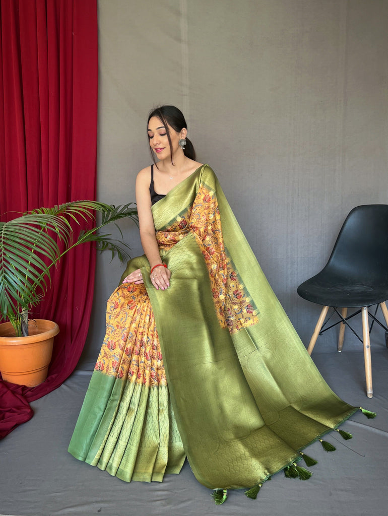 Orange Green Kora Muslin Kalamkari Silk Woven Saree Clothsvilla