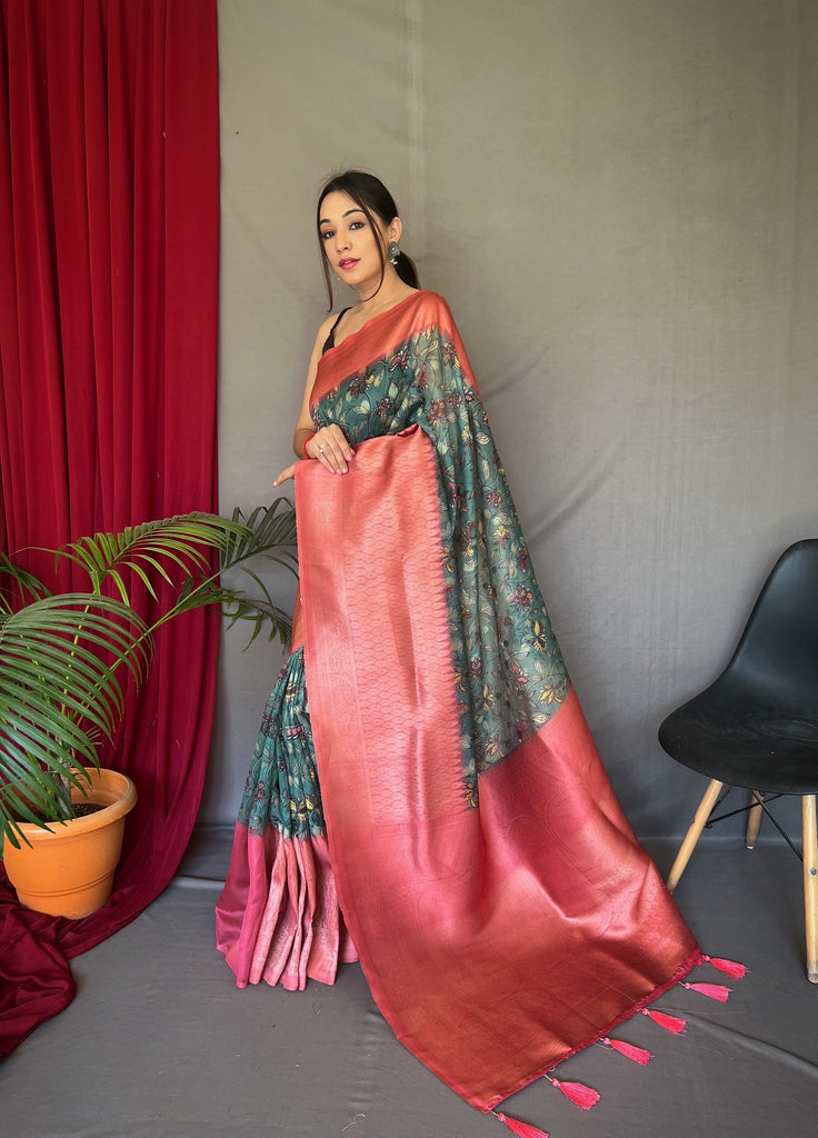 Marble Blue Pink Kora Muslin Kalamkari Silk Woven Saree Clothsvilla