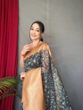 Load image into Gallery viewer, Deep Blue Peach Kora Muslin Kalamkari Silk Woven Saree Clothsvilla