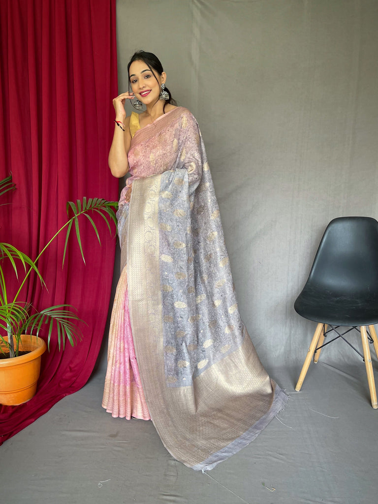 Pink Grey Banarasi Silk Dual Tone Woven Saree with Self Prints Clothsvilla