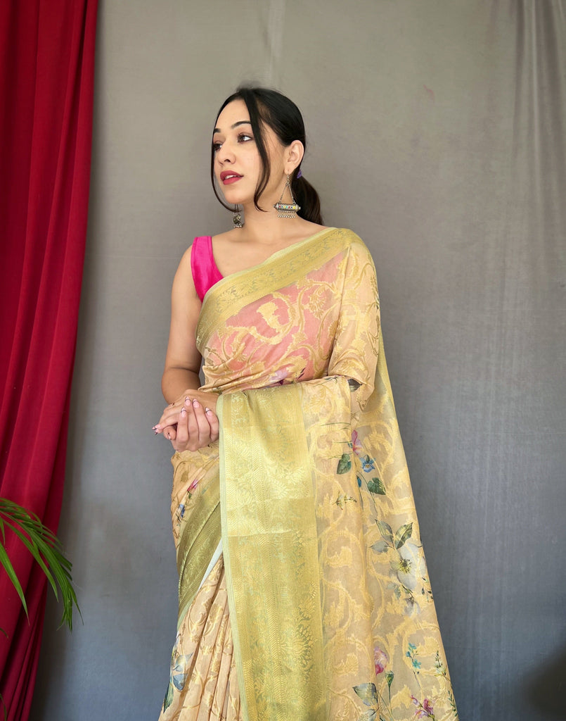 Cream Pista Anokhi Kora Muslin Silk Floral Printed Jaal Woven Saree Clothsvilla