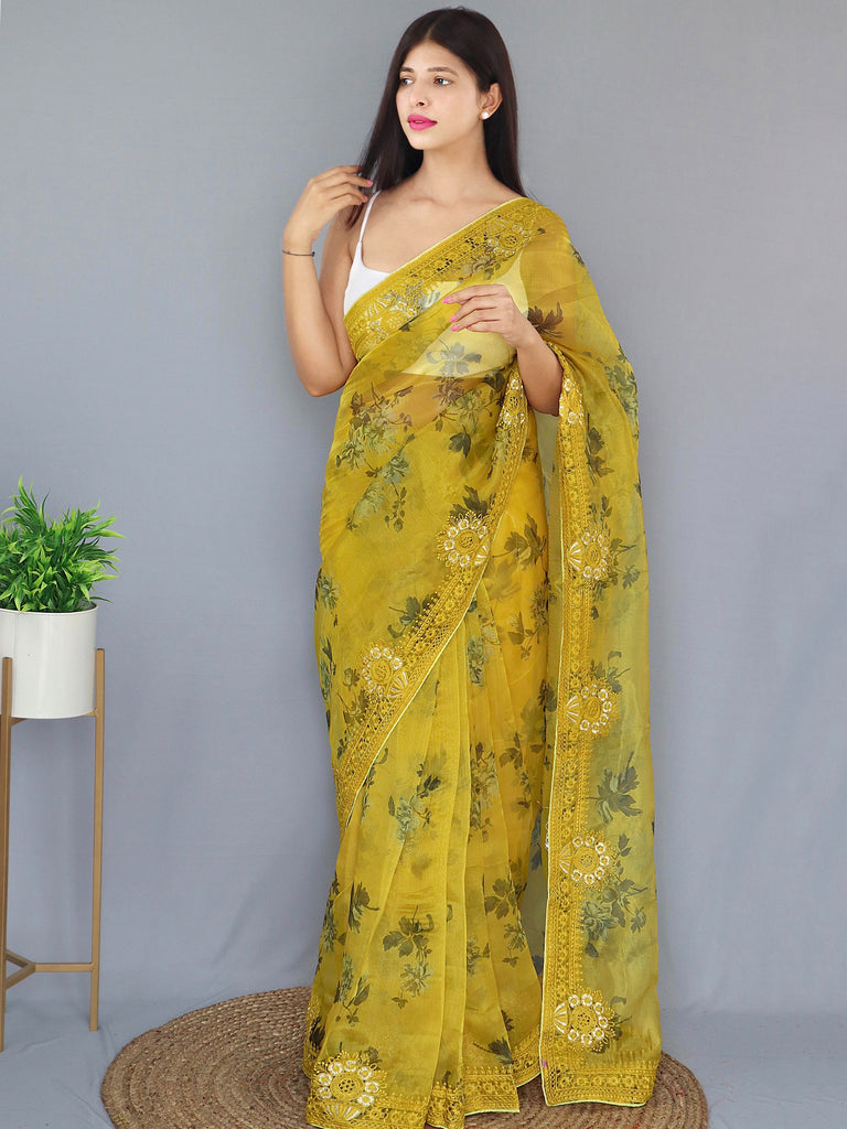 Organza Digital Floral Printed with Embroidered Work Saree Lemon Ginger Clothsvilla