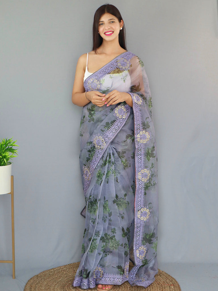 Organza Digital Floral Printed with Embroidered Work Saree Purplish Grey Clothsvilla