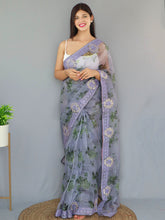 Load image into Gallery viewer, Organza Digital Floral Printed with Embroidered Work Saree Purplish Grey Clothsvilla