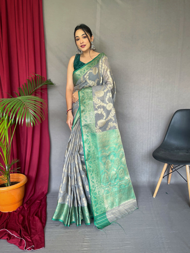 Rashi Linen Jaal Contrast Woven Saree Grey with Green Clothsvilla
