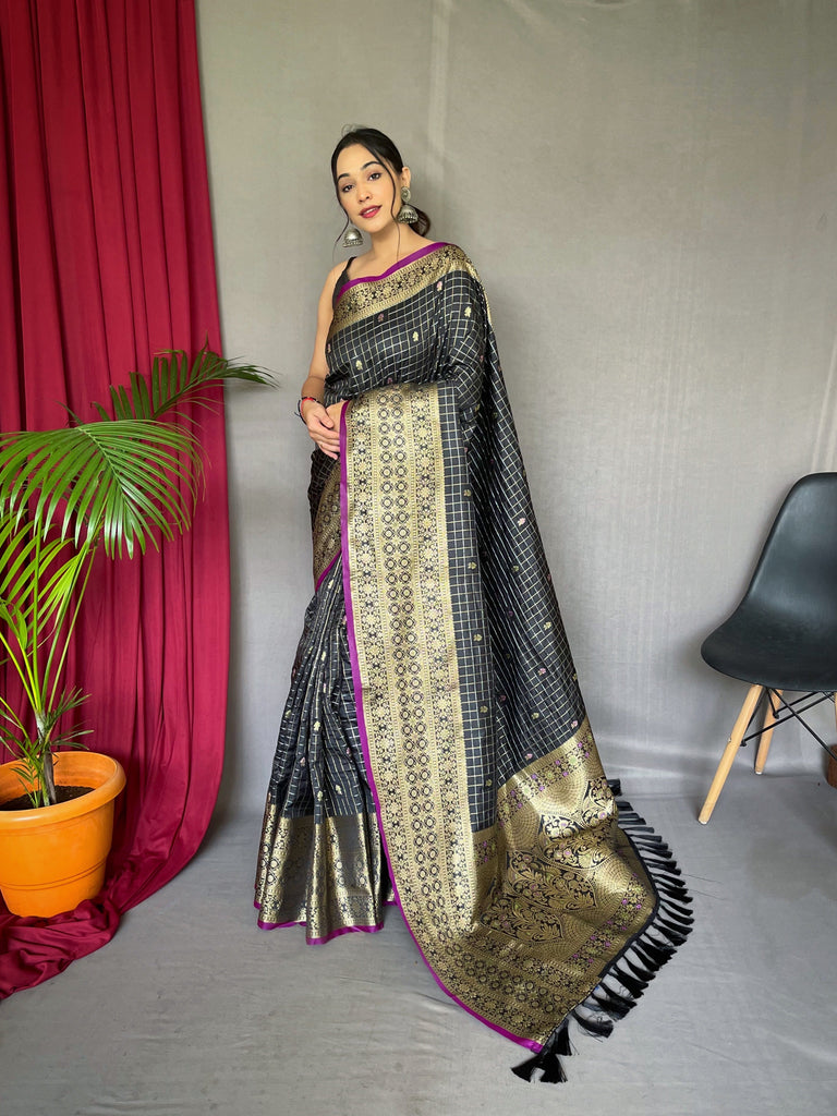 Kalindi Soft Silk Checks Woven Saree Black Clothsvilla