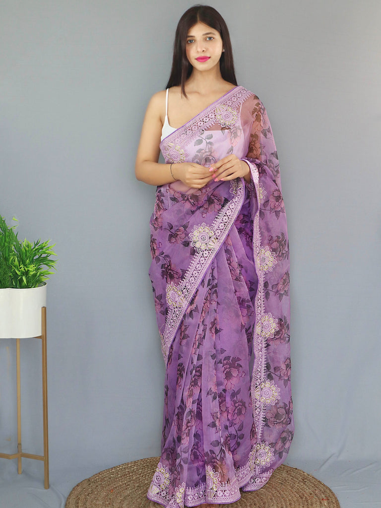 Organza Digital Floral Printed with Embroidered Work Saree Dusty Lavender Clothsvilla