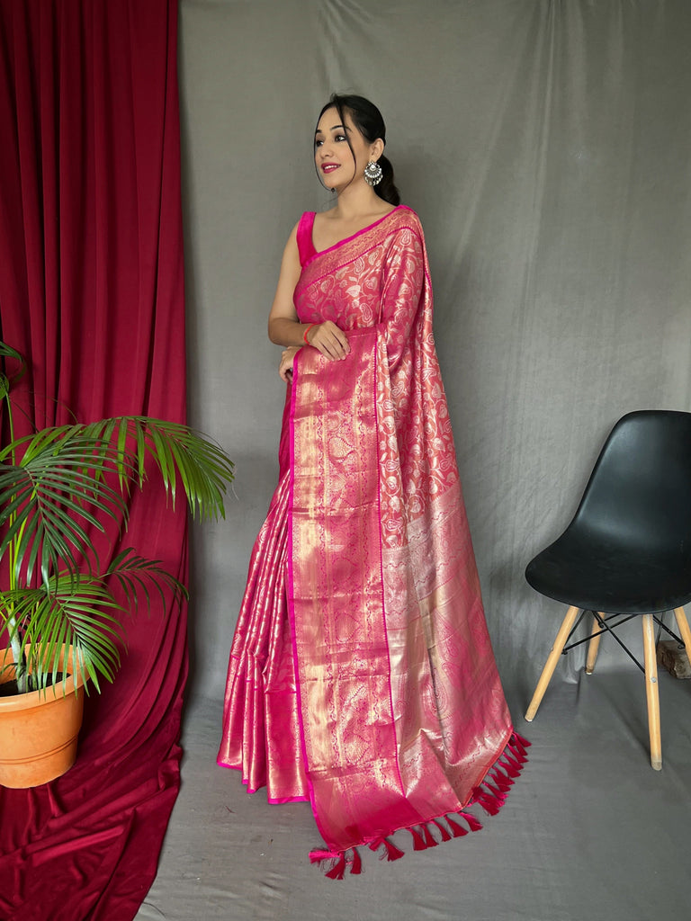 Kanjeevaram Silk Jaal Woven Saree Deep Rose Pink Clothsvilla