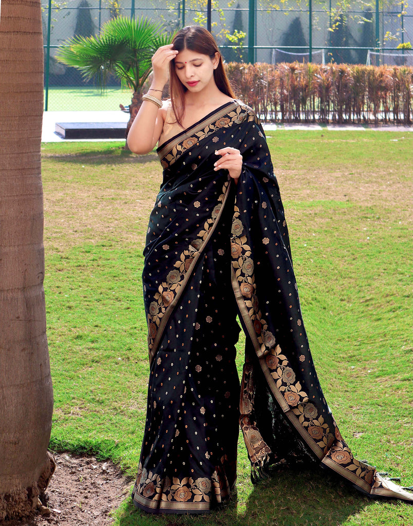 Suhani Soft Silk Saree with Floral Woven Border and Pallu Black Clothsvilla
