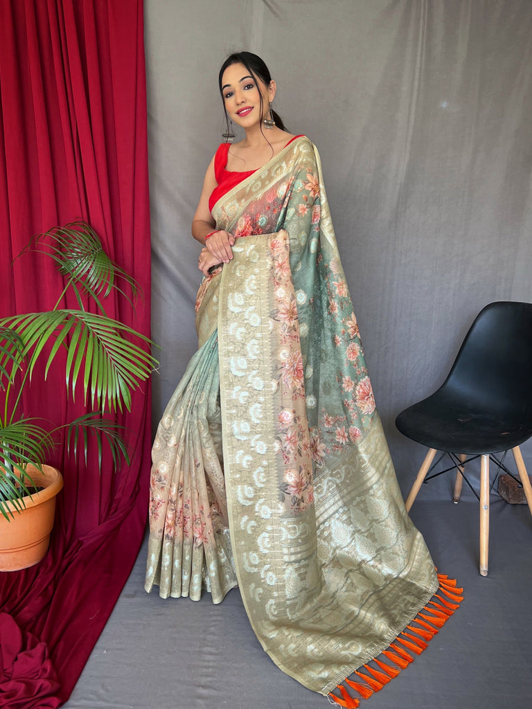 Spanish Green with Peach Banarasi Silk Dual Tone Floral Printed Woven Saree Clothsvilla