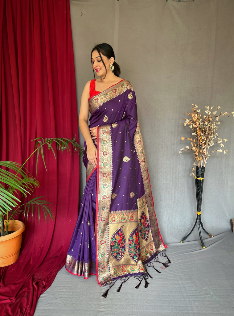 Paithani Silk Meenakari Peacock Zari Woven Saree Purple Clothsvilla