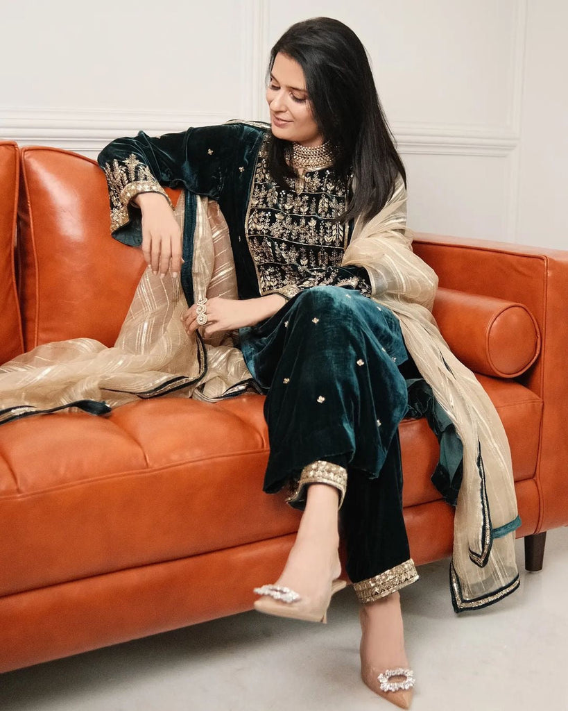 Dark Green Color Wedding Wear Velvet Salwar Suit Clothsvilla