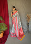 Silver Saree in Banarasi Silk Contrast Woven with Kalamkari Prints Clothsvilla
