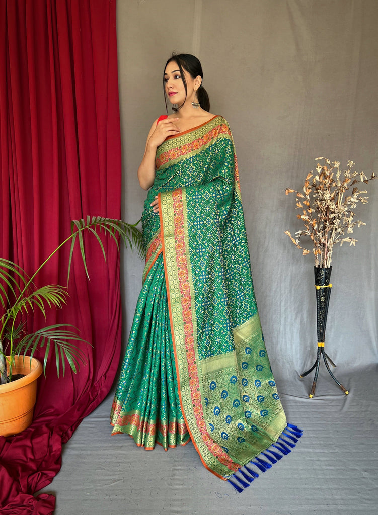 Green Saree in Bandhej Patola Silk Woven Clothsvilla