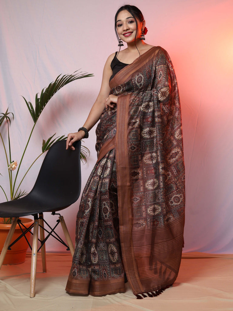 Pashmina Ajrakh Printed Saree with Copper Zari Woven Border Brown Clothsvilla