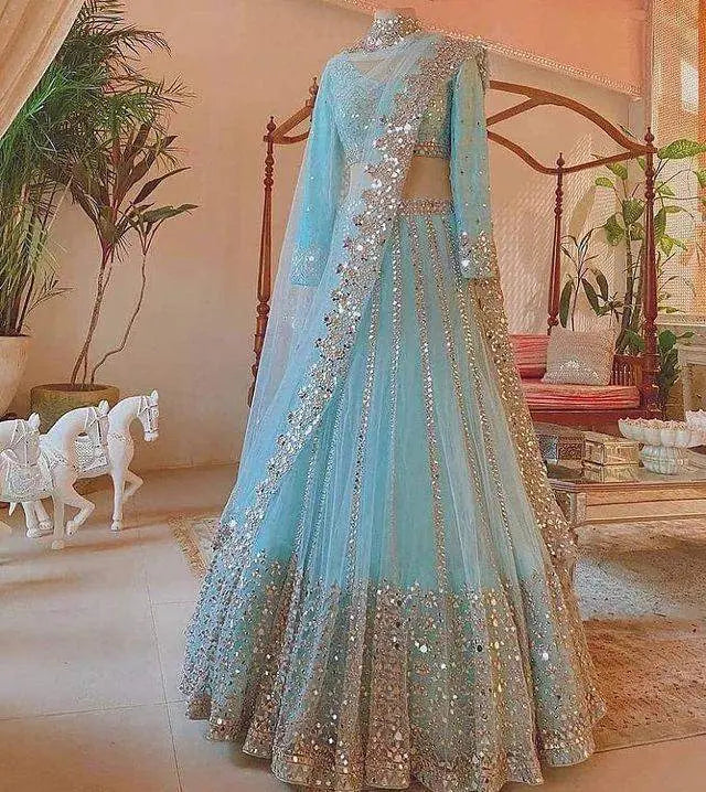 Indian Sky-Blue Designer Lehenga Choli with Sequence Work for Wedding, Party, Casual Wear Chaniya Choli Dress ClothsVilla