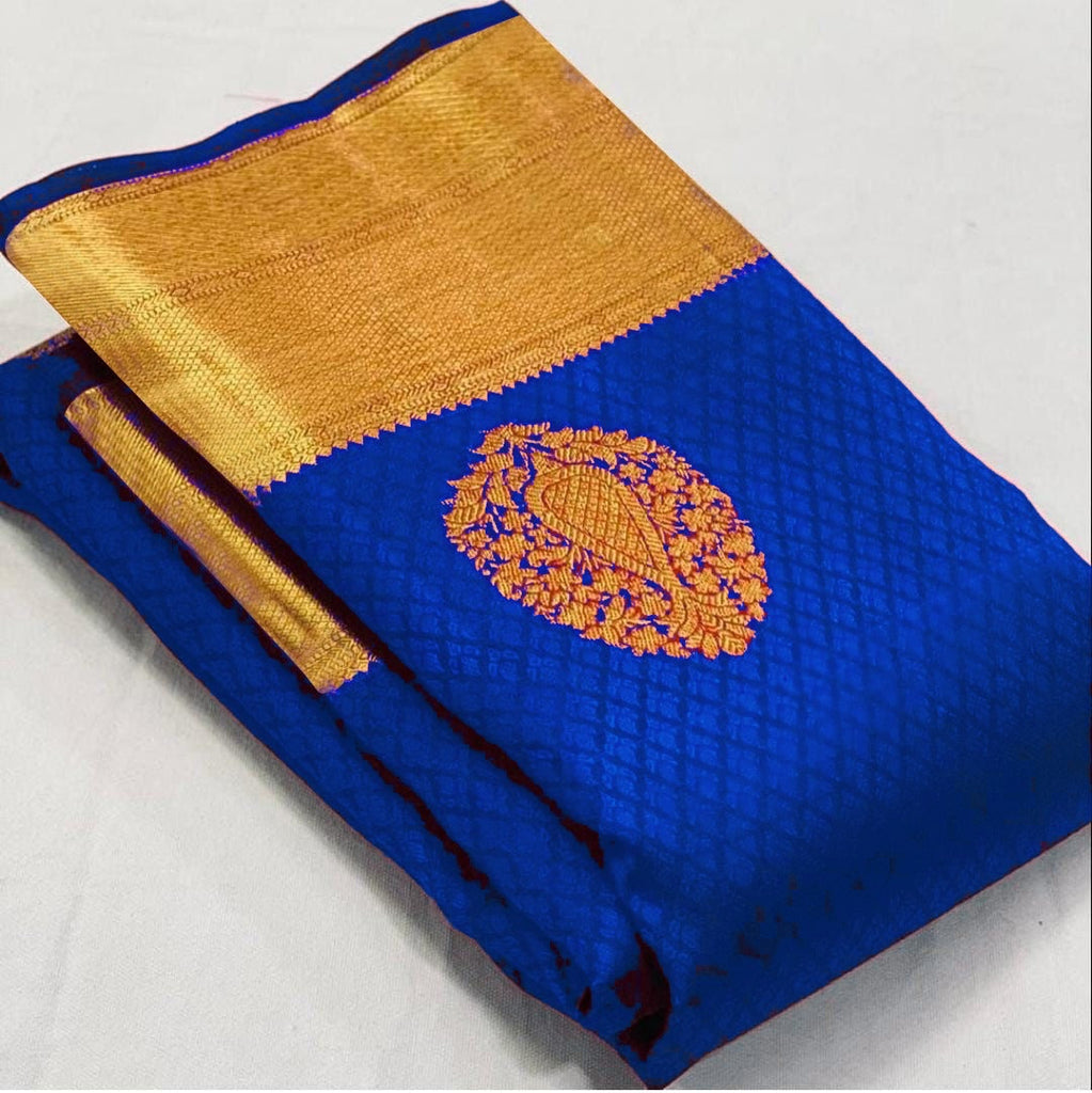 Trendy Royal Blue Soft Banarasi Silk Saree With Lissome Blouse Piece KPR