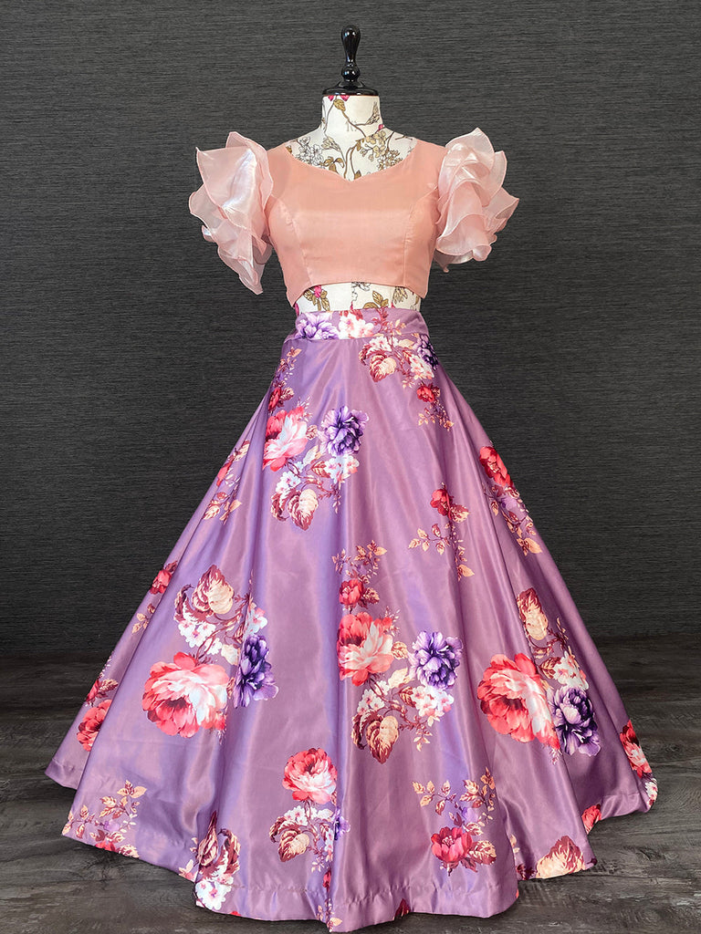 Lavender Color Heavy Dull Satin Floral Digital Printed Lehenga With Varisa Silk Choli Clothsvilla