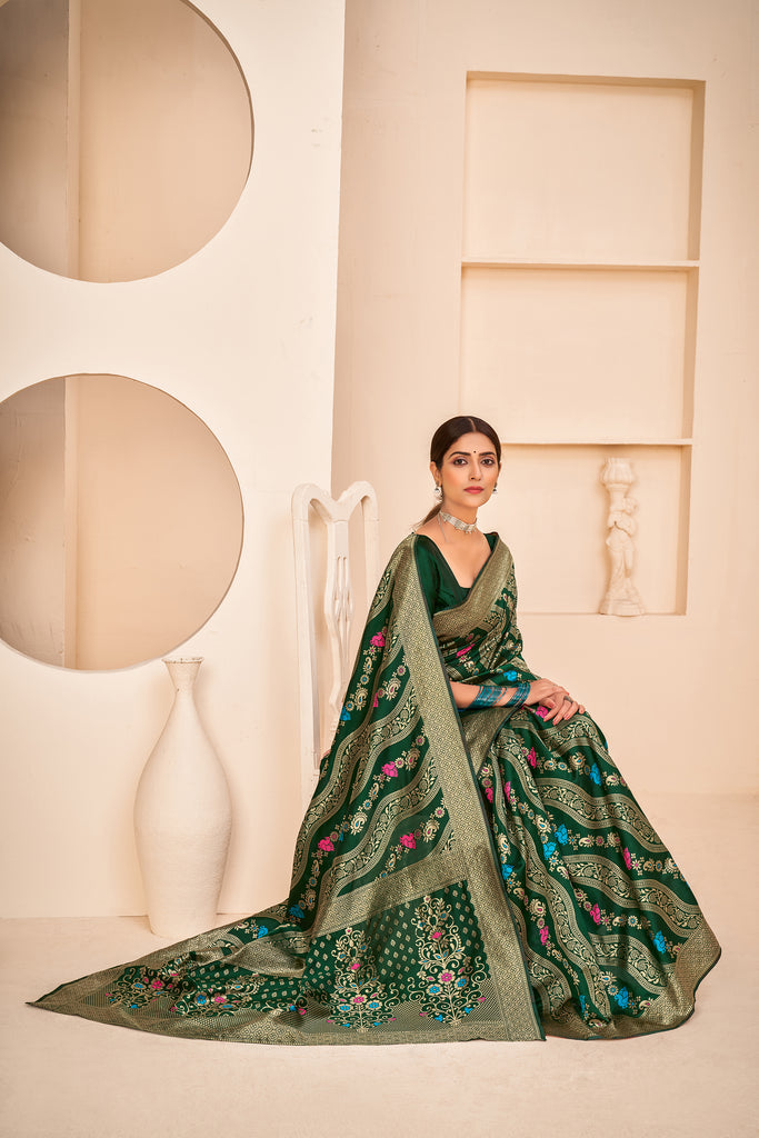 Lavish Half Sleeves Blouse Dark Green Color Banarasi Silk Fabric Saree ClothsVilla