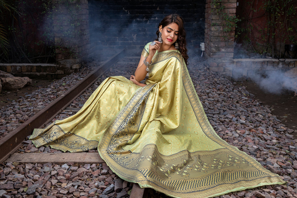 Light Green Embroidered Banarasi Silk Saree With Blouse ClothsVilla