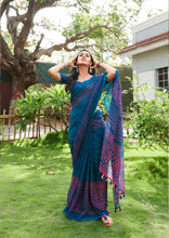 Load image into Gallery viewer, Blue and Purple Linen Printed Saree ClothsVilla