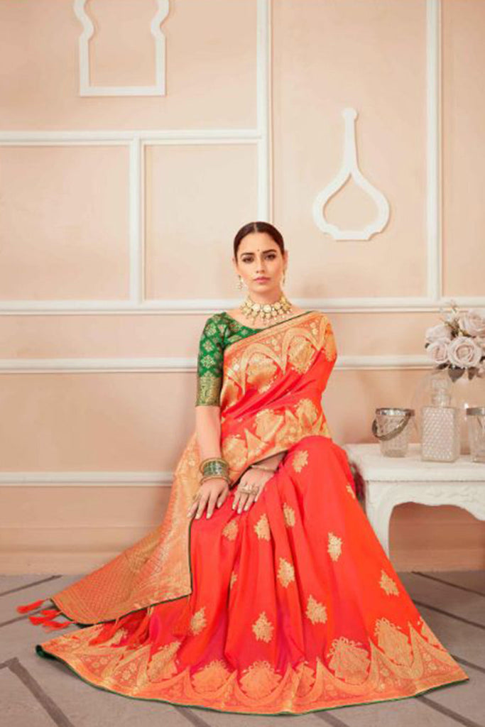 Light Orange Banarasi Silk Saree With Zari Weaving Work Clothsvilla