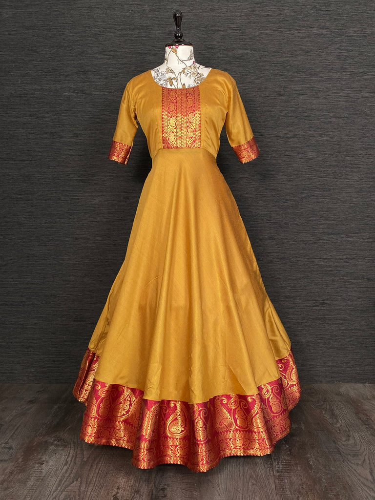 Mustard Color Beautiful Weaving Zari Worked Silk Gown Clothsvilla