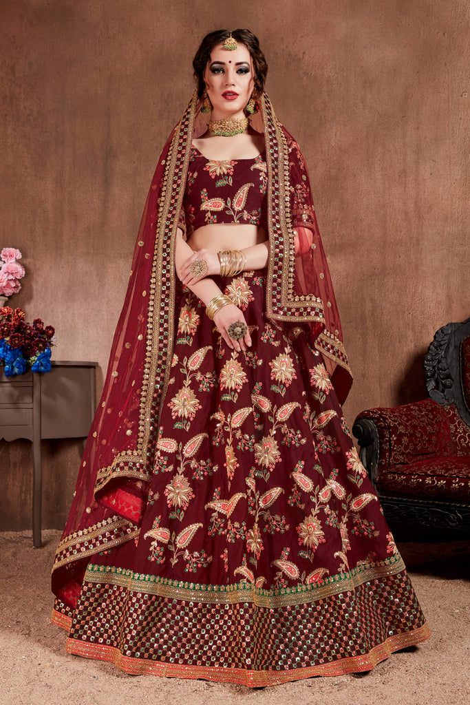Blooming Dark Maroon Colored Bridal Wear Designer Embroidered Lehenga choli Clothsvilla