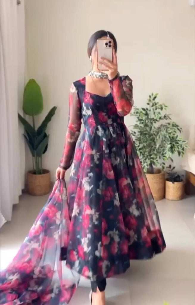Navy Blue Anarkali Gown in Organza with Digital Print ClothsVilla